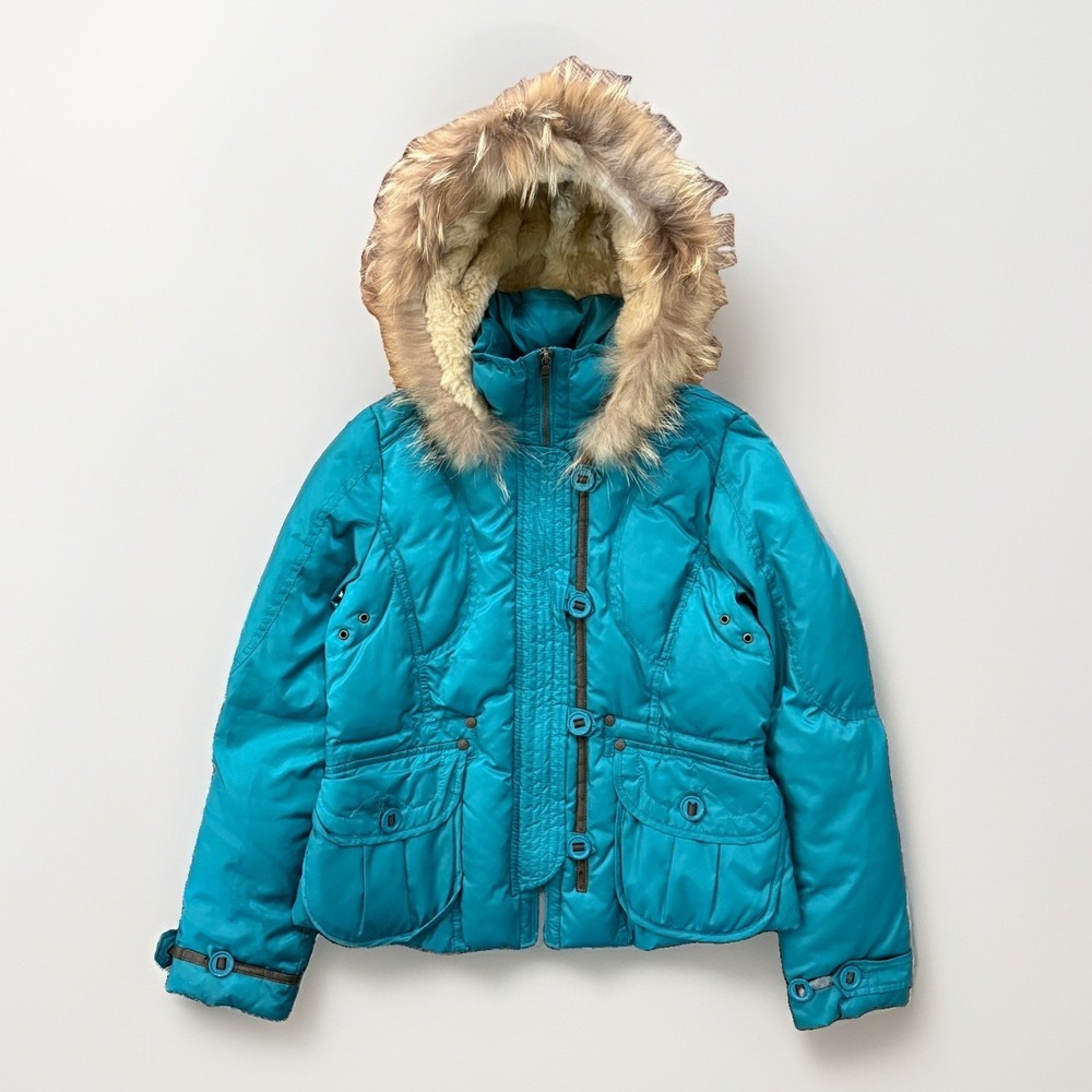 Maru Teal Puffer Jacket Womens S Genuine Raccoon Fur Hood Korean Y2K Preppy Crop